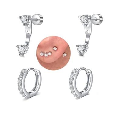 Imagem de MODRSA Brincos de prata para mulheres, costas planas, hipoalergênicos, brincos de argola pequena de aço cirúrgico para mulheres, cartilagem de prata, conjunto de brincos de segundo furo, Metal, aço