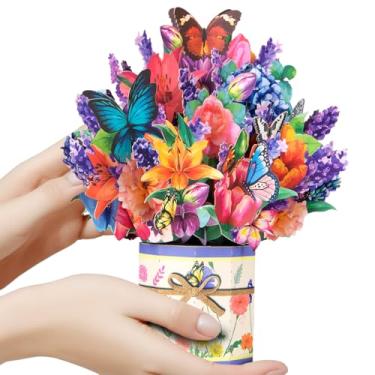 Imagem de CNLITIHEKA Cartão pop-up de buquê de flores de borboleta, cartão de flores do dia das mães, cartão de felicitações pop up, cartão de aniversário 3D, inclui envelope e etiqueta de nota.
