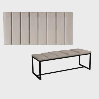 Imagem de Kit Painel Carla e Recamier Industrial 90cm Solteiro Box Ferro Preto Corino Bege - Ahz Móveis