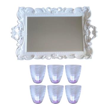 Imagem de Jogo 6 Copos Vidro Fundo Lilás Pasabahse + Bandeja Branca Espelhada