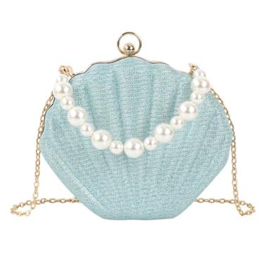 Imagem de ZLM BAG US Bolsa de mão com glitter Seashell para noite mini bolsa transversal de couro PU bolsa de ombro pérola, Y - azul, One Size