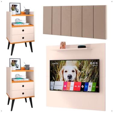 Imagem de Kit 2 Mesinhas Lateral Off White/Cinamomo Painel Tv 32 Polegadas Prateleira Suspensa Cabeceira Cama Box Casal 1,40 Bege Suede - Lojas RPM