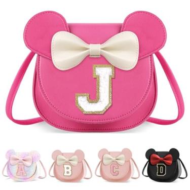 Imagem de XSUIOY Bolsa infantil para meninas, presente de aniversário para crianças, bolsa infantil com inicial personalizada, lindo laço de orelha, presente de menina, Grande-rosado-branco, J, J
