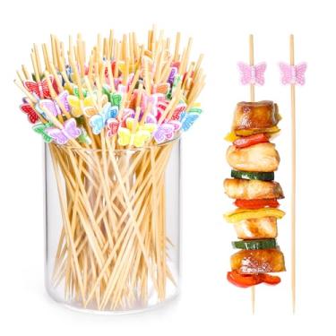 Imagem de JtmyAota 100 palitos de dente extravagantes para aperitivos, palitos de coquetel de 12 cm para decoração de festa, espetos de aperitivo de bambu para charcutaria, sanduíche, hambúrgueres, bebidas de