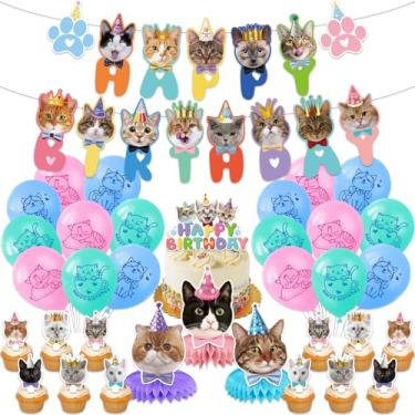 Imagem de Egami 44 Peças De Suprimentos Para Festa Aniversário Gato, Banner, Centro Mesa Em Formato Favo Mel, Topo Bolo, Balões Látex, Conjunto Decoração Animais Estimação