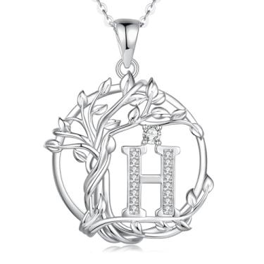 Imagem de FANCIME Presentes de dia das mães, árvore da vida, colares com inicial para mulheres, joia de árvore de prata esterlina, pingente de letra de diamante simulado, zircônia cúbica, zircônia cúbica,