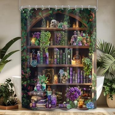 Imagem de Mitpok Cortina de chuveiro de caveira gótica pequena 54Wx78H RV Feiticeiro Assustador Vintage Witchy Black Bookshelf Succulent Unique Cool Bathroom Decor Misteriosa Cortina de Banho Tecido Poliéster