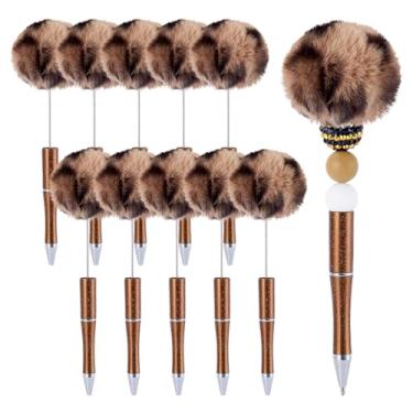 Imagem de Spritewelry Caneta esferográfica de pelúcia fofa, pompom, 10 peças, faça você mesmo, canetas de plástico com contas estampadas de leopardo, cano preto, suprimentos para escritório, escola, marrom