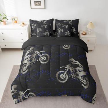Imagem de jejeloiu Jogo de cama solteiro com edredom de motocross, corrida e motocross, para meninos e meninas, adolescentes, 7 peças, decoração de quarto, azul e preto