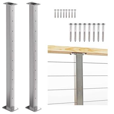 Imagem de Mayset Pacote Com 2 Postes Intermediários De 36" Para Corrimão Cabo, X 2X2", Nível Perfurado Cabo 1/8", Poste Ferragens Deck Aço Inoxidável (Poste Intermediário)