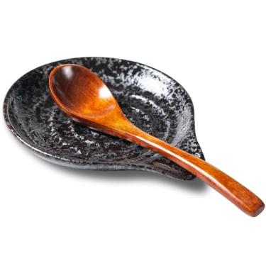 Imagem de Caigmo Descanso Para Colher, Suporte Espátula E Concha De Cerâmica, 6" Bancada, Acessórios Cafeteria Laváveis Na Máquina Lavar Louça, Grande Bancada Cozinha, Preto (G)