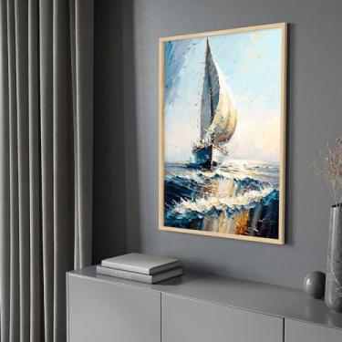 Imagem de Quadro com Moldura Pintura Barco Céu Azul Vertical Arte Decorativo Grande Sala Quarto Hall