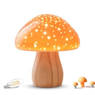 Imagem de BOHON Luminária Cogumelo, Luminária De Mesa De Cabeceira De Cerâmica Para Mesa De Cabeceira De Quarto, Luz Noturna Laranja Vintage Retrô, Luminária Pequena Para Sala De Estar, Mesa, Decoração De Cas