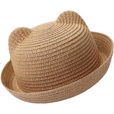 Imagem de Chapéu De Palha Bonito Bebê Cor Sólida Chapéu Com Orelhas De Verão De Palha Bebê Menina Menino Chapéu Crianças Cap Crianças Proteção Solar Sunbonnet Praia Sol Chapéu, coffee, A