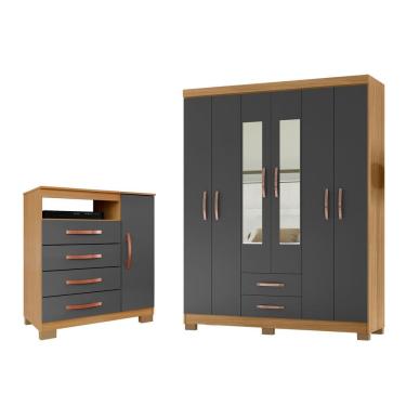 Imagem de Kit Guarda Roupa Casal Modena 6 Portas 2 Gavetas com Espelho e Cômoda Sapateira 1 Porta 4 Gavetas Carvalho Grafite - Combo Stock