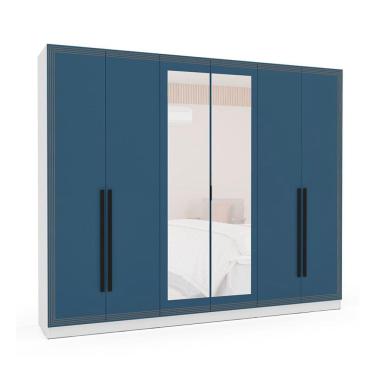 Imagem de Guarda-Roupa Casal com Espelho Valência 6 Portas 4 Gavetas Branco e Azul