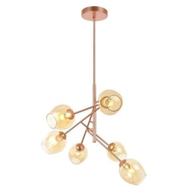 Imagem de Lustre Escultural Rosé Metálico 6 Globos Ambar Translucido, Lustre Ros