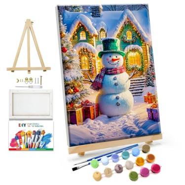 Imagem de JOOZ Kit de pintura de Natal por números para adultos com moldura, boneco de neve, pintura por número, com cavalete árvore de Natal, kits de pintura a óleo para adultos, faça você mesmo, kits de