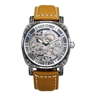 Imagem de OIDEA Relógios masculinos mecânicos com pulseira de couro: moda retrô grande mostrador numerais romanos relógios de pulso mecânicos automáticos relógio social de trabalho, Cor - B