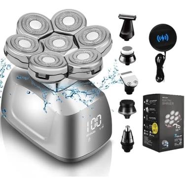 Imagem de Barbeadores de cabeça para homens, barbeadores elétricos 7d atualizados, 6 em 1, à prova d'água, molhado, seco, calvo, com visor de LED, kits de cuidados com base de carregamento sem fio, aparador de