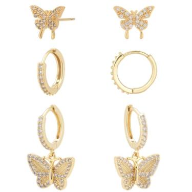 Imagem de Beebeecraft Conjunto de 3 pares de brincos de argola de borboleta para mulheres, banhados a ouro 18K, pequenos, redondos, apertados, delicados, conjuntos de brincos de zircônia cúbica