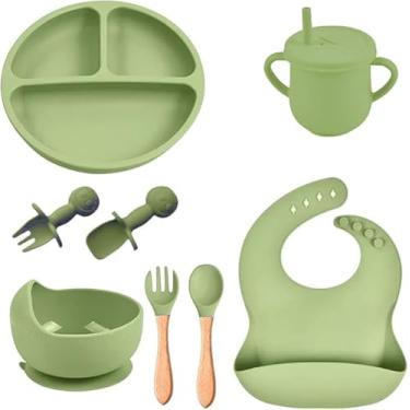 Imagem de Kit Introdução Alimentar Bebe 8 Peças Silicone Iniciação Para Alimentos Livre de BPA Atóxico Antibacteriano Seguro Sem Pontas Colher, garfo, copinho, pote e pratinho Criança 6 meses (Verde)