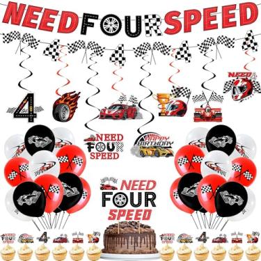 Imagem de Need Four Speed Birthday Decorations - 47 Pcs Red Black Banner Garland Ballons Swirls With Need 4 Cake Cupcake Toppers For Boy Racing Car 4th Birthday Party Supplies