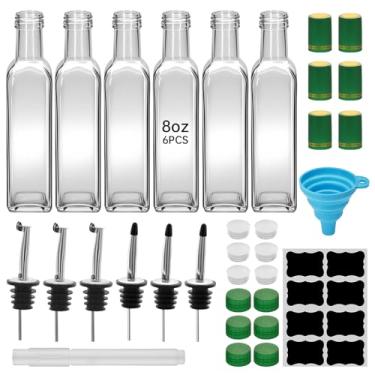 Imagem de 4 frascos dispensadores de azeite de oliva transparente de 227 g, conjunto de dispensador de óleo e vinagre de vidro de 250 ml com despejadores e funil, garrafas de óleo para cozinha garrafas de óleo