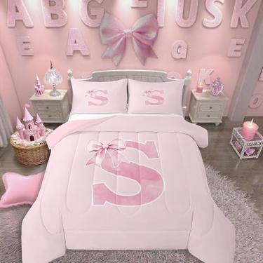 Imagem de Erosebridal Conjunto de edredom casal com inicial P, laço monogramado, roupa de cama para meninas e adolescentes, colcha moderna com laço rosa preppy, decoração de quarto de quarto, microfibra macia