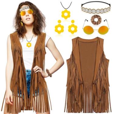 Imagem de ZhouBoat Roupas femininas dos anos 60, 70, roupas descoladas, colete feminino com franja marrom, fantasia dos anos 70, óculos de sol, colares, brinco, faixa de cabeça, roupa descolada, grande