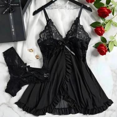 Imagem de Conjunto De Lingerie Sexy De Renda Transparente Vermelha, Camisola Tra