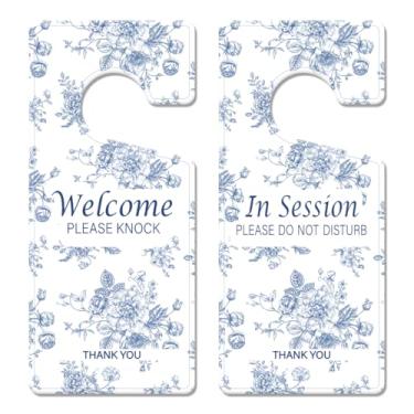 Imagem de Placa de porta In Session para terapeutas – Pacote com 2 placas "Please Do Not Disturb" para tratamento de consulta terapêutica dupla face PVC Welcome Please Knock Plaque 23 cm x 10 cm (azul floral)