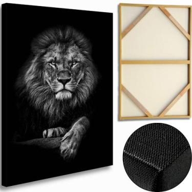 Imagem de Quadro Leao Preto e Branco Grande 60x90 Tela Premium Madeira e Tecido 