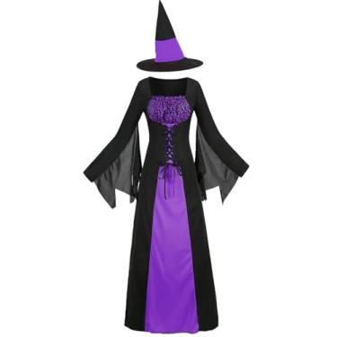 Imagem de GRAJTCIN Wicked Witch Costume for Women Gothic Sorceress Halloween Party Cosplay Dress with Hat (S, Black Purple)