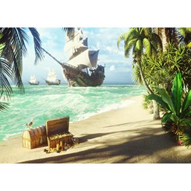 Imagem de BELECO Pano de fundo de tecido de 2,7 x 1,8 m, praia, ilha, pirata, navio, oceano, paisagem marítima, palmeiras, caixa de tesouro, para decoração de festa de aniversário de pirata, adereços de fundo