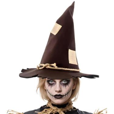 Imagem de JIEFULL Scarecrow Patch Witch Hat for Adult, Brown Head Wicked Wizard Hats Halloween Costume Party Cosplay Accessories