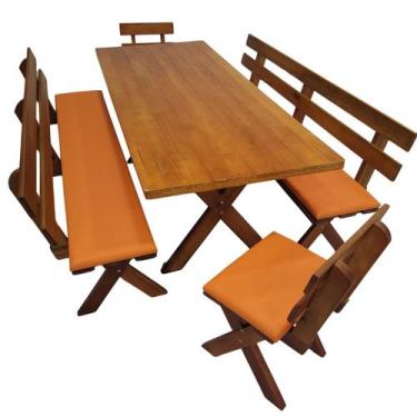 Imagem de Conjunto Mesa de Madeira Maciça Para Churrasco Mel 4 Bancos Estofados 