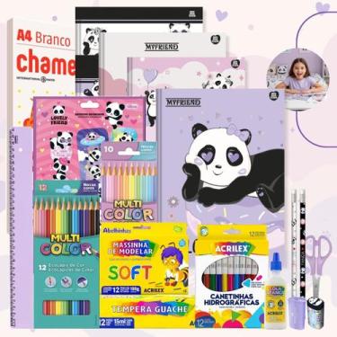 Imagem de Kit Material Escolar Volta As Aulas Infantil 71pcs Ursinho Panda Ensin
