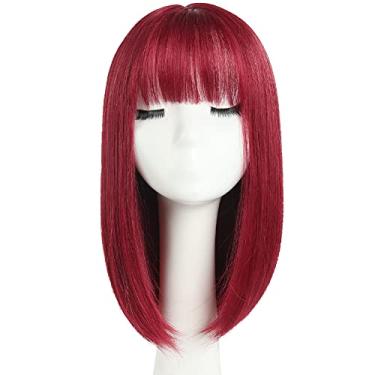 Imagem de HSPJHTM Perucas Bob Borgonha, Perucas de Cabelo Curto Bob 35,5 cm Liso com Franja Lisa Sintética Colorida Cosplay Peruca de Festa Diária para Mulheres Natural (Touca de Peruca Grátis)