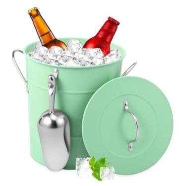 Imagem de Balde de gelo 3,5 L com alça de tampa colher recipiente de gelo isolado de parede dupla recipiente de cubo de gelo de metal para cerveja, bebidas e festas de bar (verde)