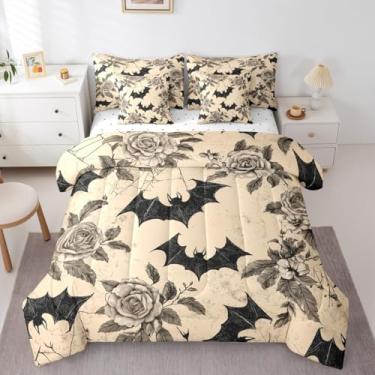 Imagem de Erosebridal Jogo de cama Queen retrô com folhas de rosa e morcego de teia de aranha, 7 peças, com lençóis, flores góticas, Halloween em um saco, vida selvagem, amarelo