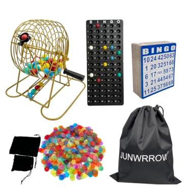 Imagem de JUNWRROW Conjunto de bingo deluxe – Inclui gaiola giratória de metal dourado com bolsa de armazenamento, 100 cartas mistas, 600 fichas coloridas, 75 bolas de chamada, quadro mestre e 2 bolsas de