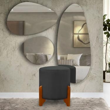 Imagem de Puff Decorativo Principe Redondo Pes Madeira Tecido Veludo Cinza