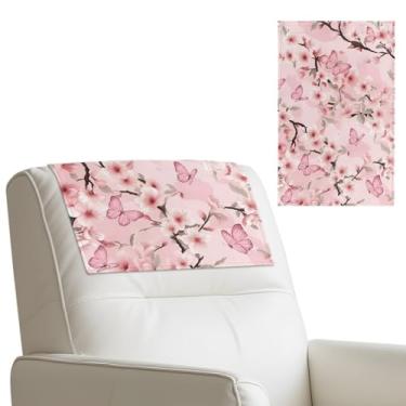 Imagem de Merkmak 1 capa de encosto de cabeça para poltronas reclináveis laváveis com gancho e laço, capas de cadeira de sofá com flores de cerejeira borboleta para decoração de escritório e casa