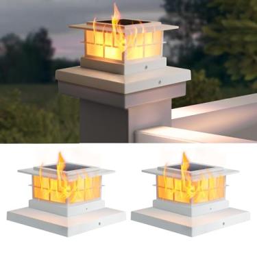 Imagem de LUTEC Pacote com 2 lâmpadas de poste solares, IP65 à prova d'água para postes de madeira/vinil, 10 x 12 x 15 x 15 cm, postes de madeira/vinil, chamas cintilantes, branco quente 3000 K, decoração de
