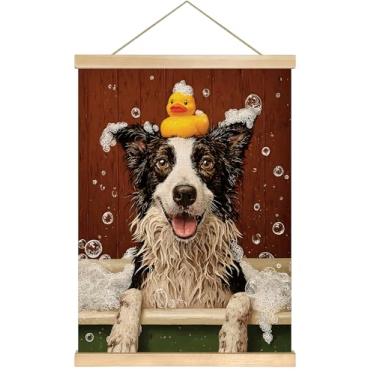 Imagem de Collies Decoração de parede de banheiro 35,5 x 46,5 cm - Pôster de impressão em tela de linho de pato de borracha, decoração de parede de banheiro de cães engraçados para casa, loja de cuidados de