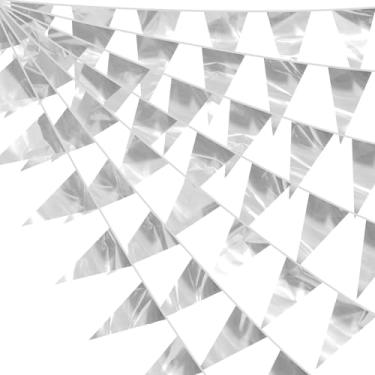 Imagem de Faixa de flâmula, triângulo, brilhante, prata, 30 m, bandeira metálica, guirlanda de tecido para Natal, formatura, casamento, noivado, aniversário, despedida de solteira, chá de panela, decoração de