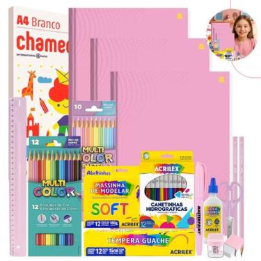 Imagem de Kit Material Escolar Volta As Aulas Infantil 70 itens Rosa ou Lilás To
