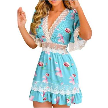 Imagem de Moda feminina babados crochê remendo de renda franzido detalhe vestido