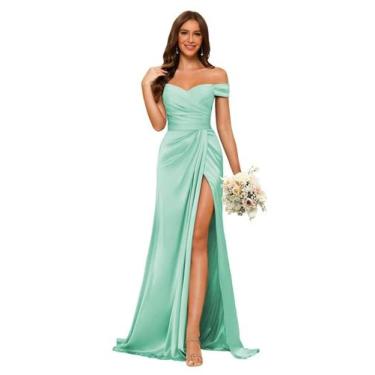 Imagem de Vestido de dama de honra Dessiny, verde menta, cetim, sem ombro, US12